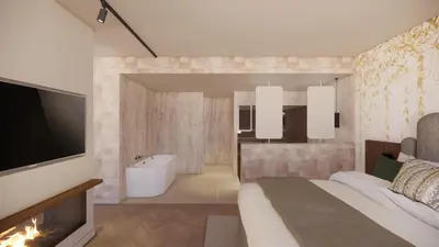 a bedroom with a bed and a tv and a fireplace at Spaarnwoude Park Hotel in Velsen-Zuid