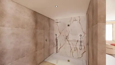 a bathroom with a shower with marble walls at Spaarnwoude Park Hotel in Velsen-Zuid