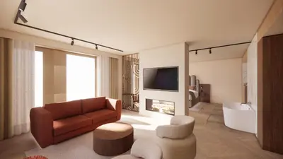 a living room with a couch and a tv at Spaarnwoude Park Hotel in Velsen-Zuid