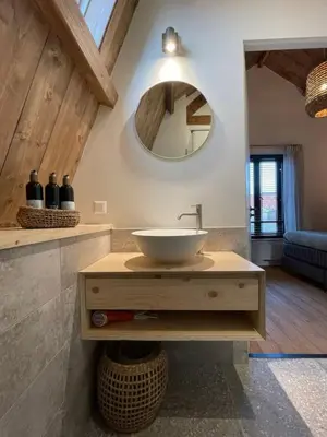a bathroom with a sink and a mirror at Het Binnenhuys, Luxe B&B in Noordwijk met tuin, vlakbij het strand in Noordwijk