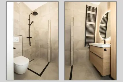 two pictures of a bathroom with a shower and a toilet at Hoorn Centre - Catching Hoorn in Hoorn