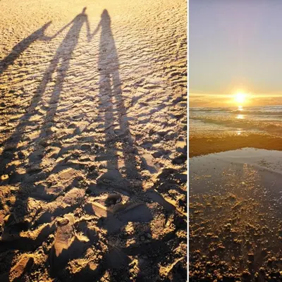 two pictures of the shadows of people walking on the beach at La Bastide in Heiloo