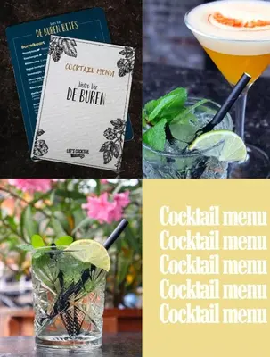 a collage of photos with a cocktail menu and a book at Slapen bij De Buren in Alkmaar