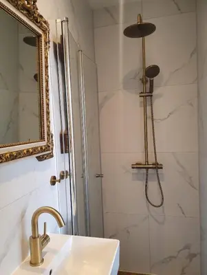 a bathroom with a shower and a sink and a mirror at As Home in Amsterdam