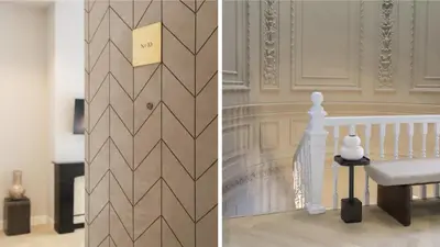 two pictures of a room with a chair and a wall at Dam Residence - Boutique Hotel in Zaandam