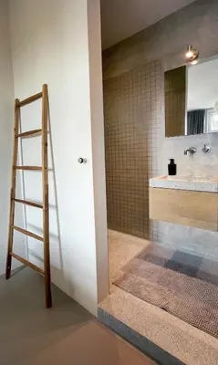 a bathroom with a ladder next to a sink at Top Floor Apartment Vondelpark in Amsterdam
