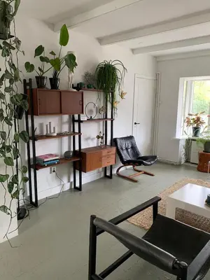 a living room with a chair and a shelf with plants at Botanico - family house in Egmond aan Zee