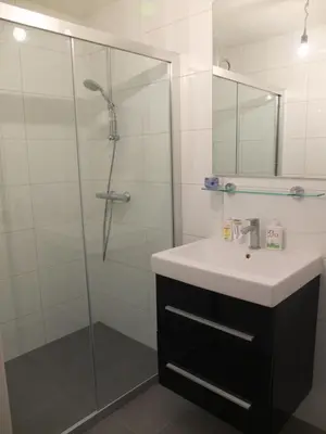 a bathroom with a sink and a glass shower at Cozy 2 Bedroom Home Away from Home in Amsterdam
