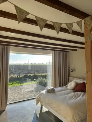 a bedroom with a bed and a large window at Studio34 in Hauwert