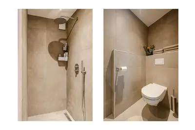 two pictures of a bathroom with a toilet and a shower at Stylish apartment near Amsterdam in Badhoevedorp