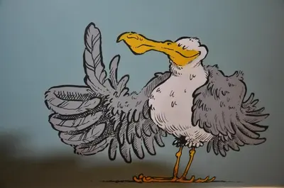 a drawing of two birds with their wings out at Hotel Rauw aan de Kade in IJmuiden