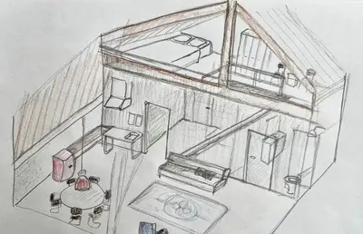 a drawing of a room with a table at Penthouse Loft Central Harbour View, Free Parking in Ons Belang