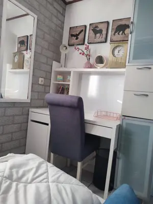 a bedroom with a desk with a chair and a mirror at Gemütliches, komfortables Ferienhaus in Schoorl