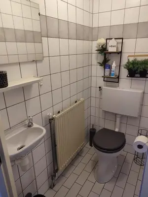 a bathroom with a toilet and a sink at Gemütliches, komfortables Ferienhaus in Schoorl