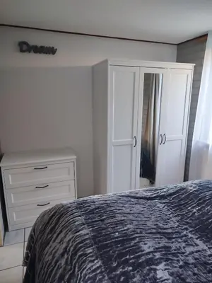 a bedroom with a bed and a dresser and a mirror at Gemütliches, komfortables Ferienhaus in Schoorl