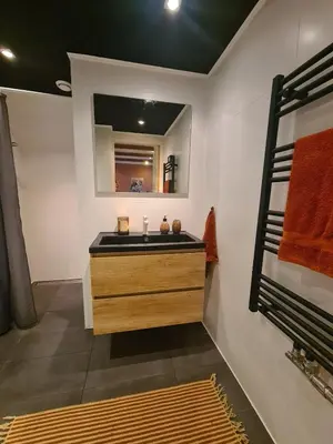 a bathroom with a sink and a mirror at Spacious Eclectic Home Near Sea & Amsterdam in IJmuiden
