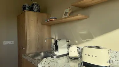 a kitchen with a counter top with a sink at Tulipa - Keukenkof in Noordwijkerhout