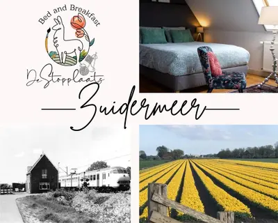 a collage of photos with a bed and a field of flowers at Complete studio dichtbij Hoorn en Alkmaar in Zuidermeer
