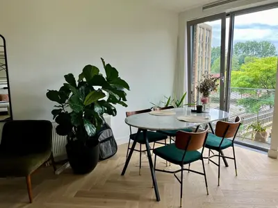 a dining room with a table and chairs and a plant at Spacious and modern apartment in Amsterdam