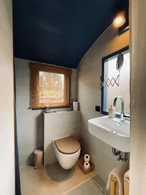 a bathroom with a toilet and a sink at Tuiny House Noordwijk in Noordwijk