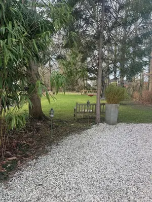 a park with a bench and trees and grass at White cottage on the Vecht! Beautiful surroundings in Nieuwersluis