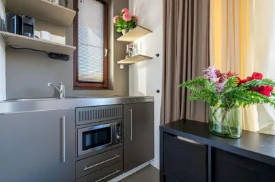 a kitchen with a sink and a vase of flowers on a counter at NEW! Cozy Studio 54 in Amsterdam