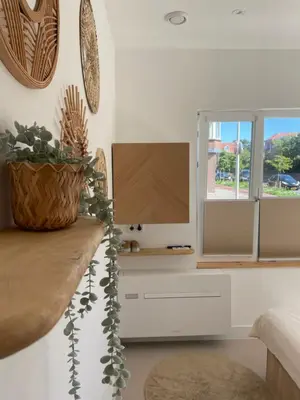 a living room with a tv and a plant on a counter at Knusse kamer met zonnig terrasje in Zandvoort
