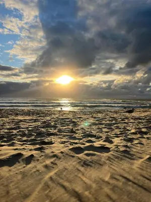 a sunset on a beach with the ocean at Ferienwohnung Nordholland in Nieuwe-Niedorp