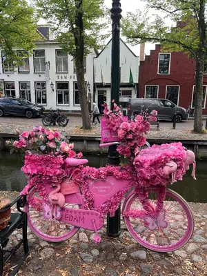 a pink bike covered in flowers on a street at Ferienwohnung Nordholland in Nieuwe-Niedorp