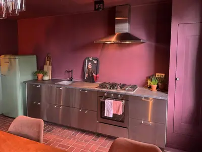 a kitchen with a stove and a purple wall at De Noorderzon in Benningbroek