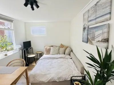 a bedroom with a bed and a desk and a table at Holiday Home Tiny House QuDi by Interhome in Noordwijk