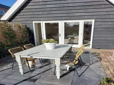 a table with chairs and a potted plant on a patio at Dirkshorn Holiday Home for 4 in Dirkshorn