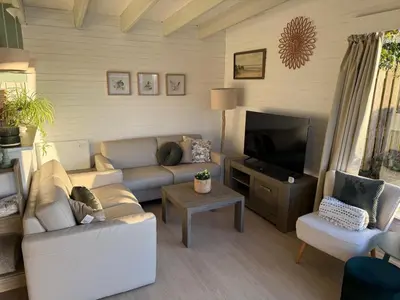 a living room with a couch and a television at Chalet Kievietsbuurt Roeleveld Estate in Breukelen