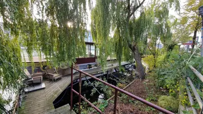 a wooden deck with a bench and a tree at Cornelia Below Deck in Amsterdam