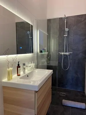 a bathroom with a sink and a shower at Modern & Luxurious stay Haarlem in Haarlem