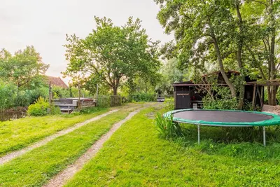 a trampoline in the grass next to a dirt road at farmhouse in Wijdewormer