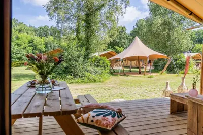 a wooden deck with a table with a vase of flowers at Buytenplaats Gooise Heide in Huizen
