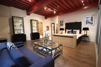 a living room with a couch and a bed at Boutique Hotel Steenhof Suites - Adults Only in Leiden