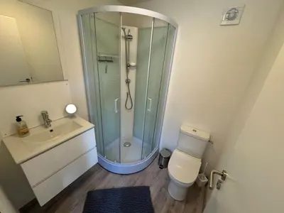 a bathroom with a shower and a toilet and a sink at Holiday Home in Wervershoof mit Terrasse und Garten by Interhome in Wervershoof