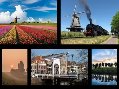 a collage of pictures with tulips and a windmill at Holiday Home Exklusive Ferienhäuser Markermeer by Interhome in Bovenkarspel