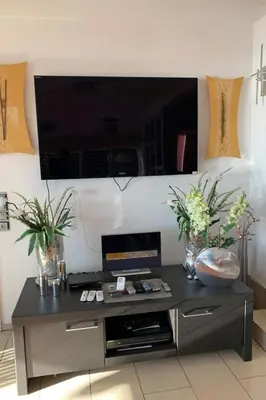 a living room with a large television on a wall at Holiday Home direkt am See by Interhome in Wervershoof