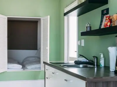 a kitchen with green walls and a sink and a window at Holiday Home Strandhaus direkt am Meer by Interhome in Wijk aan Zee