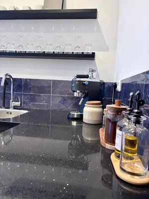 a kitchen counter with bottles of oil and a sink at Alkmaar Signature Stay -Boutique Apartment in Alkmaar