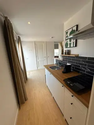 a kitchen with a sink and a counter top at Little Village - Noordwijkerhout in Noordwijkerhout