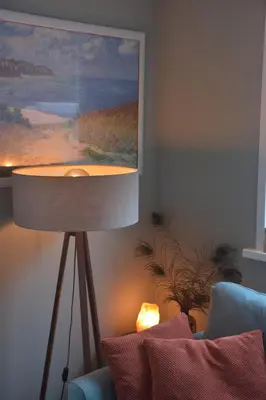 a lamp in a living room with a picture on the wall at Bloei aan Zee 200 m from sea and center in Egmond aan Zee