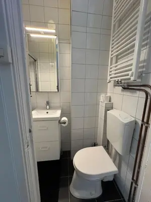 a white bathroom with a toilet and a sink at Authentic sunny Amsterdam Jordaan apartment in Amsterdam