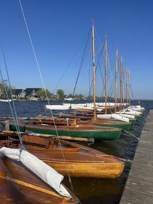 a row of boats docked at a dock at Herberg De Hollandsche Leeuw in Nieuwkoop