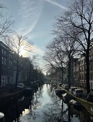 a canal in a city with parked cars and buildings at The Design apartment with canal-view in Amsterdam