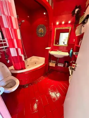 a red bathroom with a tub and a sink at C-Home in Utrecht