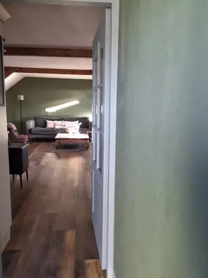 a hallway with a living room with a couch at Bij Parels landelijk overnachten in het groen in Velserbroek